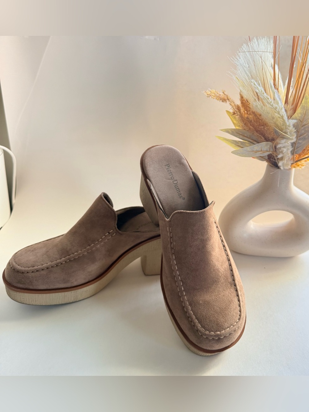 Pierre Dumas women’s Taupe Suede Slip-On Platform Loafers, size 10